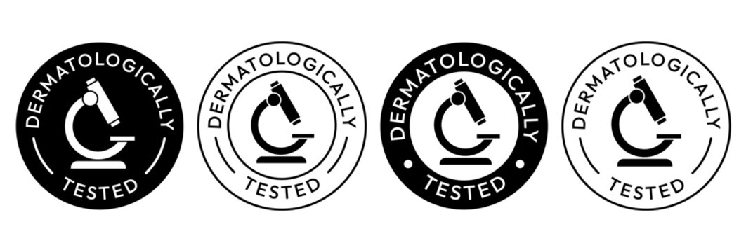 Dermatologically tested set icon. Dermatology, dermatologist, clinically proven, allergy free, laboratory tested, lab, label, logo, badge, symbol, vector. Paraben Free label product packaging design.