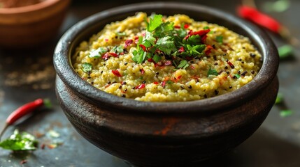 Spicy rice porridge in a rustic bowl, garnished with cilantro and chili flakes. Perfect for illustrating articles on Indian cuisine, healthy eating, or food blogs.