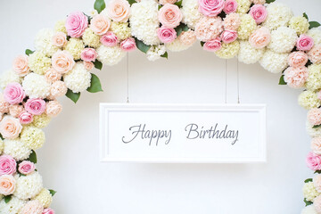 birthday party backdrop with flowers and a sign that says happy birthday