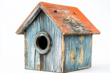 Rustic wooden birdhouse beautifully detailed against white background.