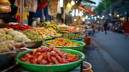 Vibrant Street Market Display with Fresh Vegetables and Colorful Spices at Sunset