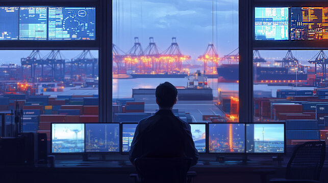 Worker  working in smart Maritime control room of seaport with advanced monitoring systems on multiple monitors Logistics dashboard  - Powered by Adobe