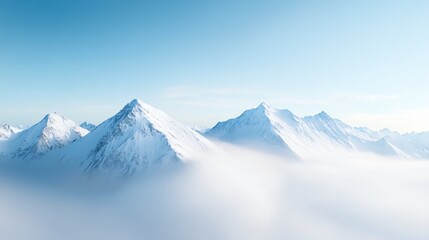 Majestic snow-capped mountains, serene atmosphere, vast blue skies, perfect backdrop for tranquility or adventure themes.