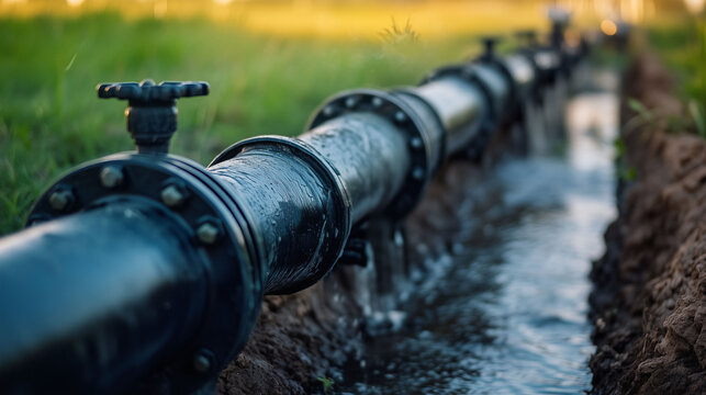 Pipe agriculture irrigation system pumping from rain water storage well to field