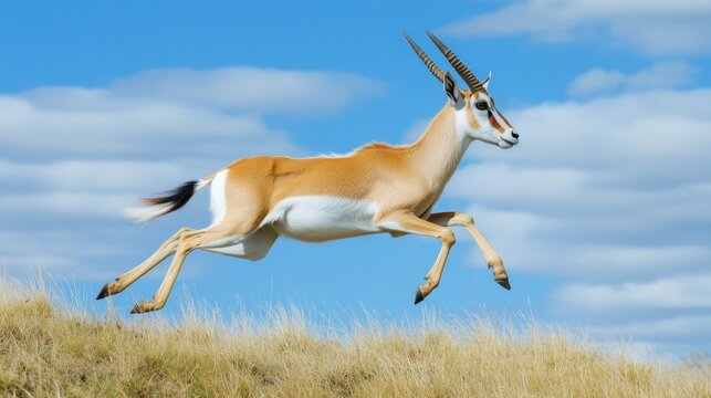 Springbok leaps over grassy hill against a clear sky. Possible use Nature, wildlife, animal action - Powered by Adobe