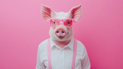 Playful person in pig mask, vibrant pink background, wearing sunglasses and suspenders, emphasizes fun and whimsical themes.