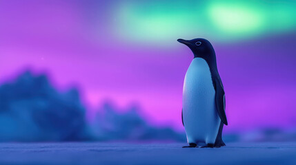 Obraz premium Adorable Penguin Standing Under Vibrant Northern Lights in Arctic Landscape at Night