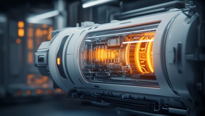 Futuristic engine with glowing internal components.  Clear view of intricate machinery, vibrant orange-yellow energy flow.  High-tech design