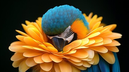 Fototapeta premium Blue and Gold Macaw in Orange Flower
