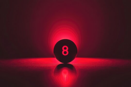An illuminated eight ball stands on a reflective surface with red light
