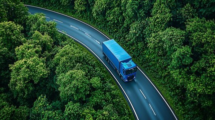 Blue Truck on Winding Road Through Green Forest