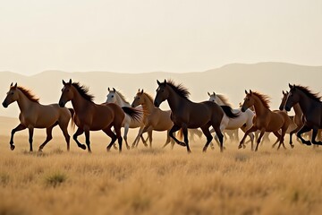 Fototapeta premium A herd of wild horses galloping through an open grassland. 