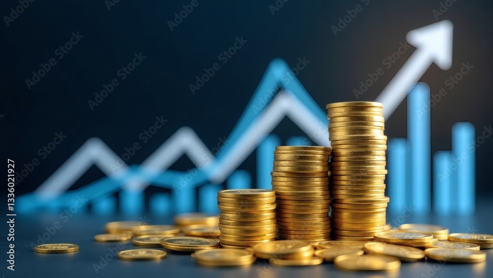 Poster golden coins arranged in ascending stacks with a rising graph, symbolizing financial growth and inve
