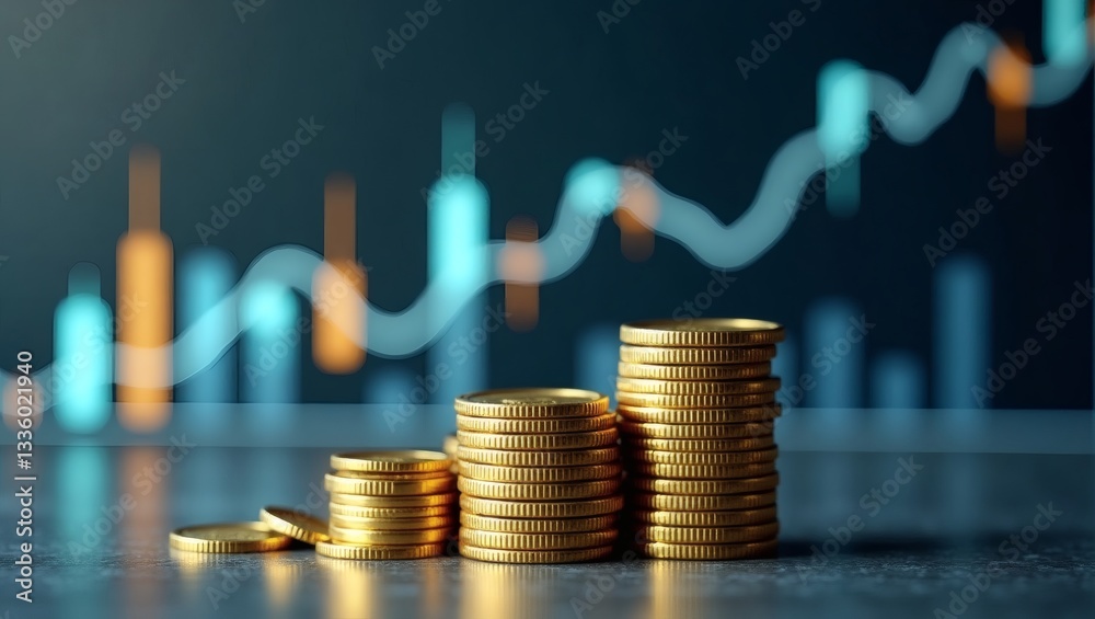Poster stacks of gold coins with a graph background representing financial growth