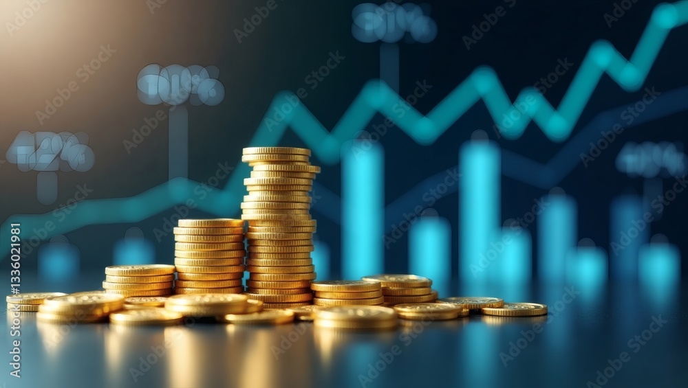 Poster golden coins stacked with a financial graph, representing wealth and growth in a dynamic digital environment