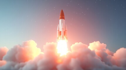 Rocket launch amidst vibrant clouds, powerful ascent representing innovation and exploration, perfect for technology themes.