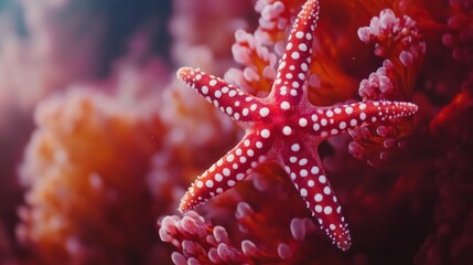 A vibrant underwater scene showcasing a red starfish with white polka dots nestled amongst coral. The image evokes serenity and wonder, capturing a moment of beauty in the ocean's depths.