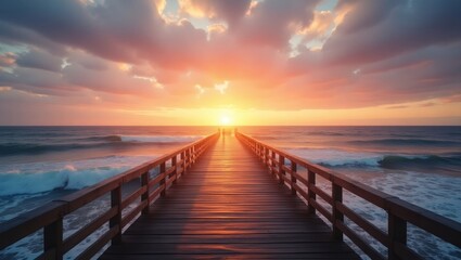 Obraz premium a scenic view of the sunrise from a wooden pier extends into the ocean, with beautiful clouds