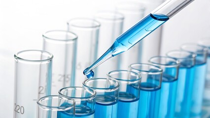 Pipette Dropping Blue Liquid into a Test Tube, Isolated on a White Background, High-Resolution Laboratory Stock Image emphasizing scientific accuracy and laboratory precision.
