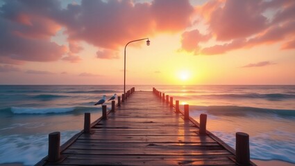 Fototapeta premium a wooden pier extends into the sea, illuminated by a gorgeous sunset. The sky is painted with vibrant colors, while the water gently laps against the shore