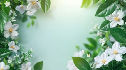 Floral backdrop with soft white flowers and green leaves, serene nature theme, ideal for invitations or greeting cards.