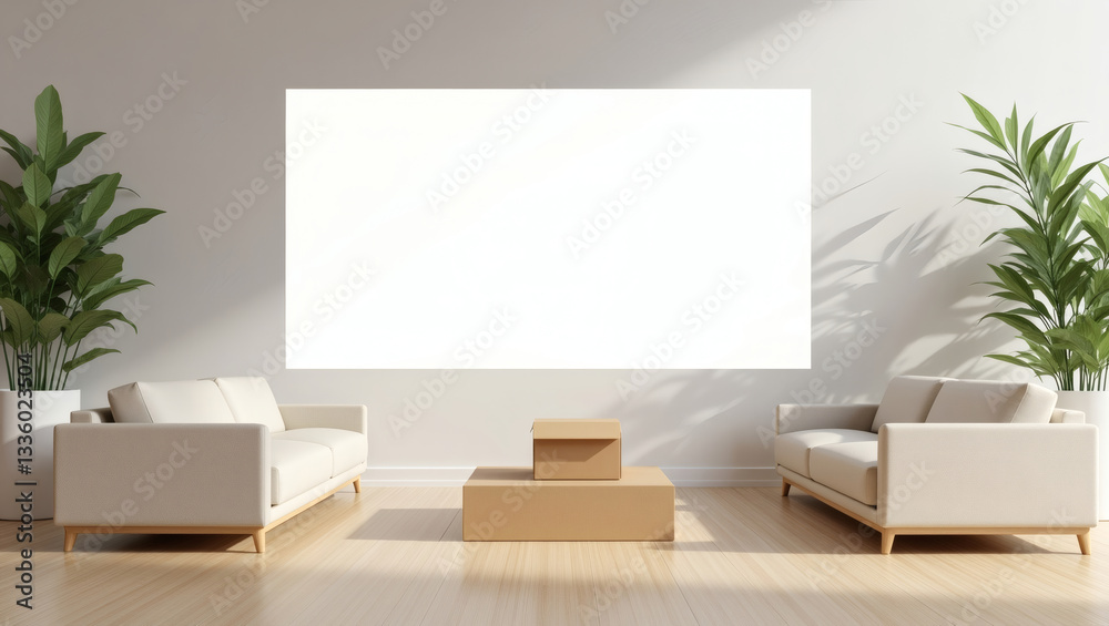 Poster modern living room interior with minimalist design and empty frame for your text or picture