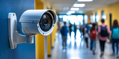 security cameras school concept. CCTV camera mounted in a school hallway featuring students.