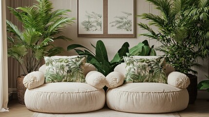 Japandi-style seating area with beige tones and greenery.