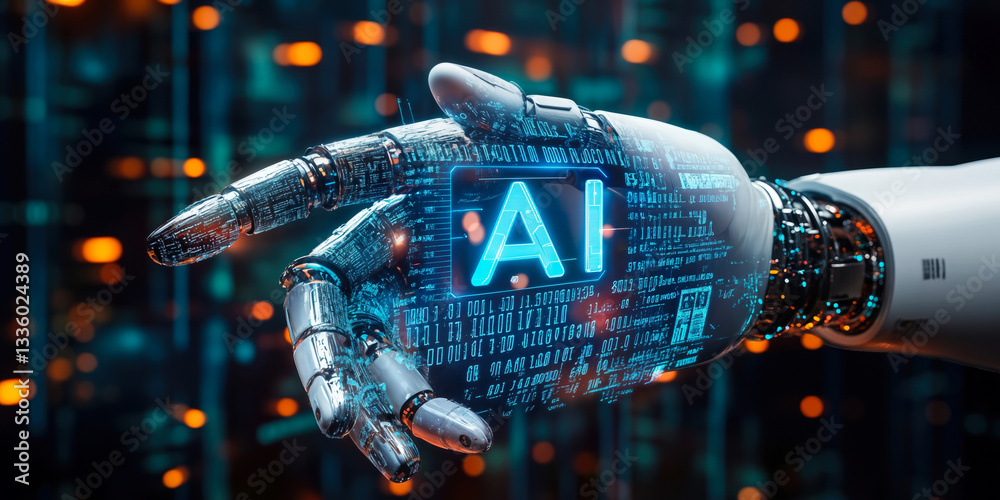 Poster futuristic robotic hand presenting ai digital interface with binary code and holographic display in 