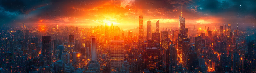 Fototapeta premium Vibrant Sunset Over Modern Metropolis with Skyscrapers and Dynamic Urban Skyline