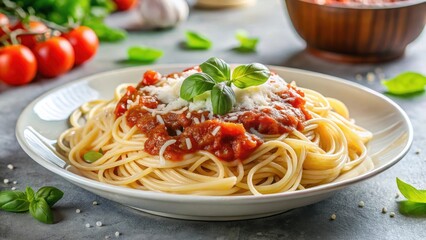 Steaming hot spaghetti with red tomato sauce and grated Parmesan cheese on a white plate