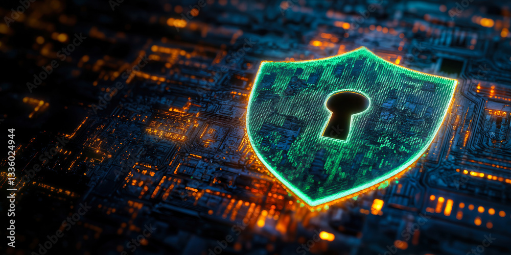 Poster futuristic digital shield with keyhole symbol illuminated on circuit board background representing a