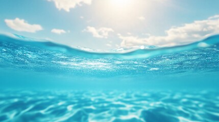 Fototapeta premium Serene underwater scene, refreshing blue water with sunlight filtering through, ideal for relaxation or travel themes.