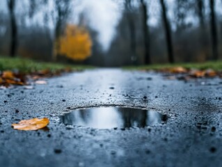 Fototapeta premium Rainy day scene with a puddle reflecting trees in a park during autumn