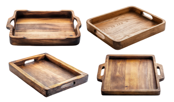 Set of wooden serving trays with side handles, isolated on transparent cutout background
