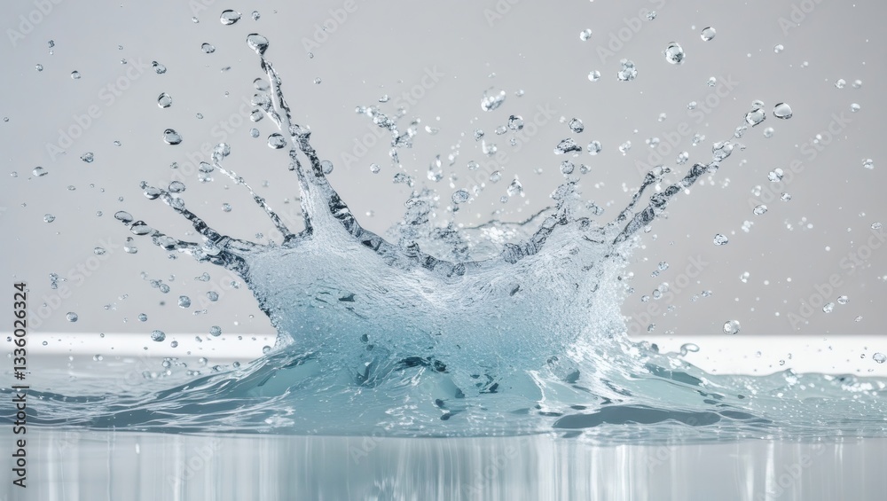 Poster a close-up shot of a water splash, showing the dynamic movement of water droplets and ripples. the s