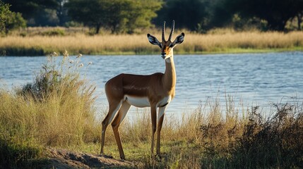 Naklejka premium Impala by water in savanna. Possible stock photo use