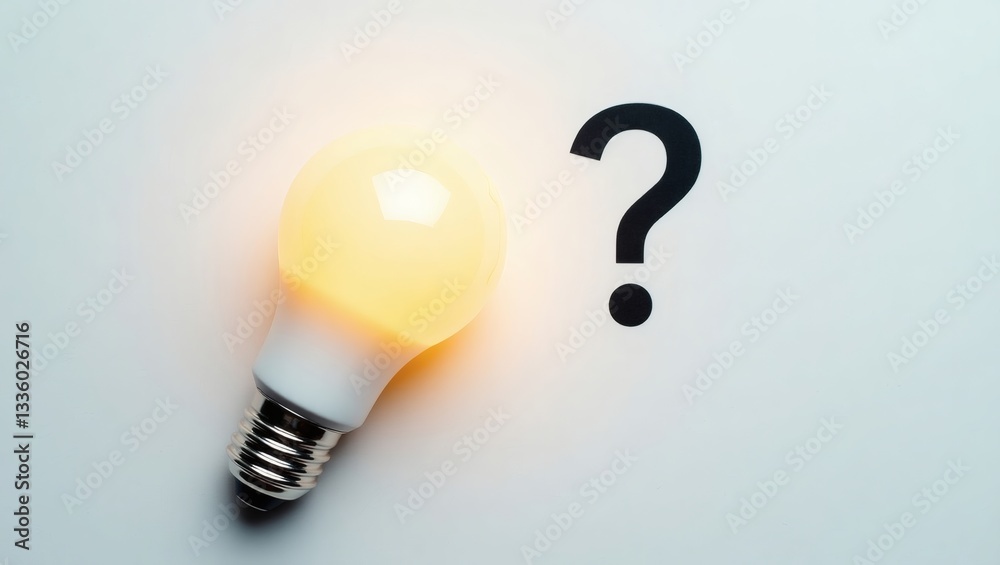 Poster glowing light bulb next to a question mark, representing idea and solution
