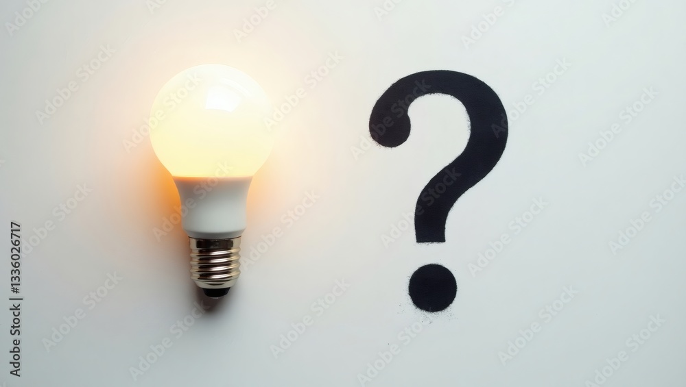 Poster an illuminated light bulb next to a question mark, symbolizing idea and solution 