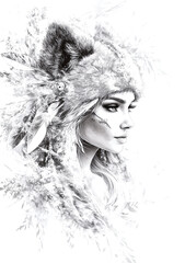 Fototapeta premium Woman with a fur hat and feathers on her head. She has a very pale face and is wearing a fur hat