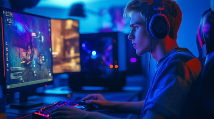Professional gamer boy play online multiplayer video game on pc with RGB neon light setting room 