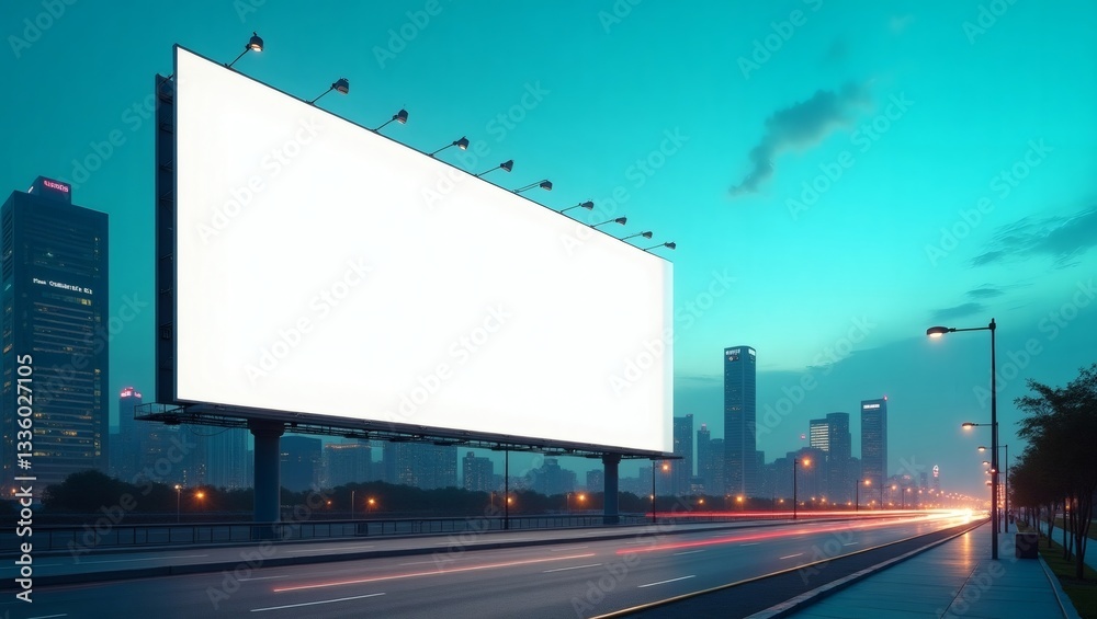 Aufkleber a large blank billboard stands on a road in front of a city skyline with the lights on