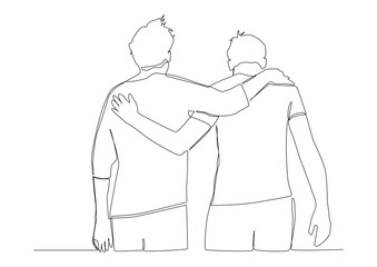 Continuous one line art of two friends walking hugging their shoulders, concept of going away or walking together with best friend.