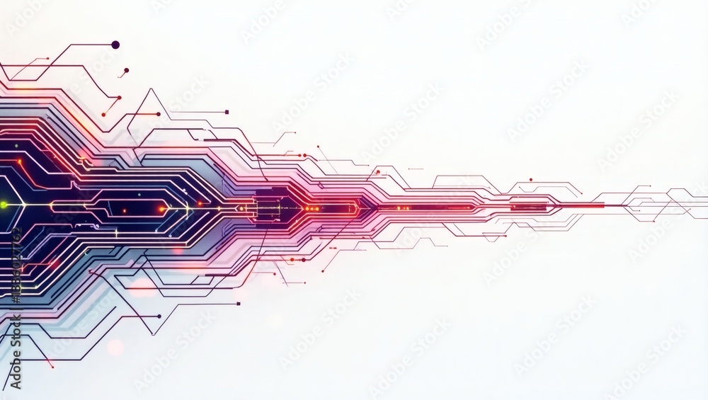 Poster a digital circuit board with colorful light streaks and a modern design