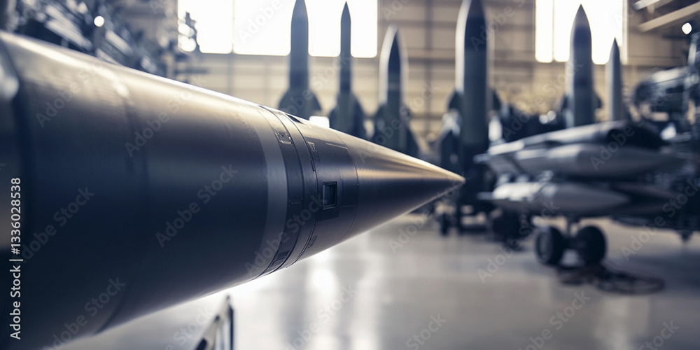 Poster close-up view of missile tip in military storage facility generative ai