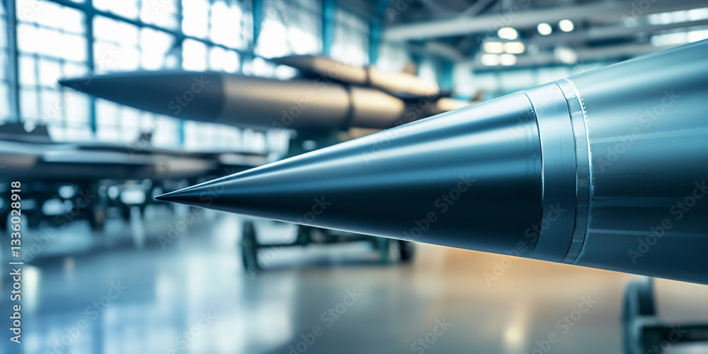 Poster close-up of a missile tip in a military facility generative ai