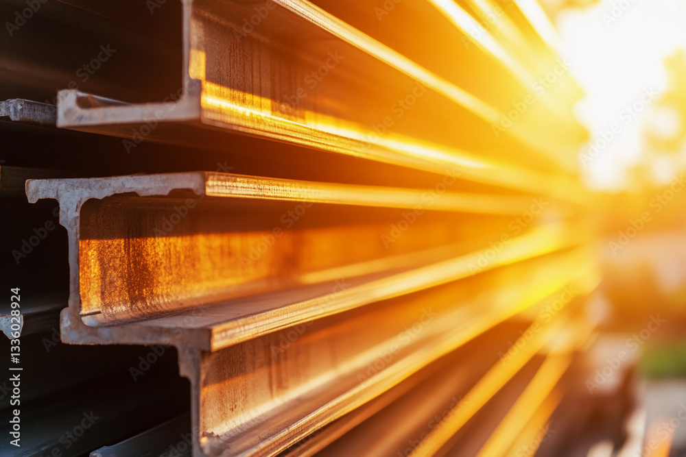 Poster stacked metal i-beams glowing in the evening sunlight generative ai