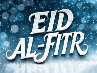 Silver Eid Al-Fitr Text on Sparkling Blue Winter Background