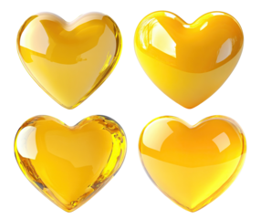 Set of glossy yellow hearts, isolated on transparent cutout background