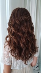 A woman showing off her long wavy brown hairstyle